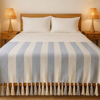 Manta Queen Decorativa Listrada – 100% Algodão Premium com Franjas – Estilo Aconchegante - 2,40m x 1,80m