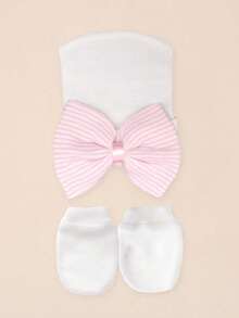 1 Set 0-3M Newborn Infant Bow Decor Hospital Hat + Anti-Scratch Mittens, Soft, Comfortable, Suitable For Baby Casual Knitted Hat - 1Set - View 3