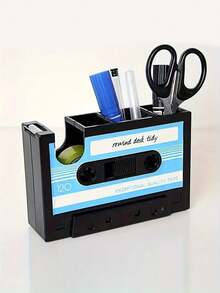 复古磁带笔筒 - 复古磁性办公用品收纳盒，PE材质，黑色，附赠彩色文具，办公收纳 | 趣味收纳 | 复古美学，磁带