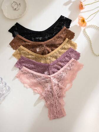 5 piezas/paquete Bragas tipo tanga elegantes y sexys de encaje para mujeres