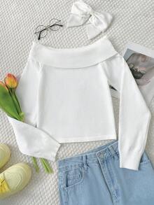 Women's Solid Color Off-Shoulder Long Sleeve Fitted Sweater, Spring Autumn - White - View 5