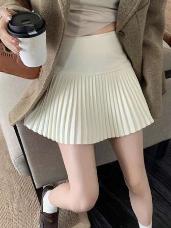 กระโปรงสั้นพลีทขนสัตว์ทรงเอสีขาว, กันโป๊, อเนกประสงค์, สำหรับผู้หญิง, ฤดูใบไม้ร่วง/ฤดูหนาว