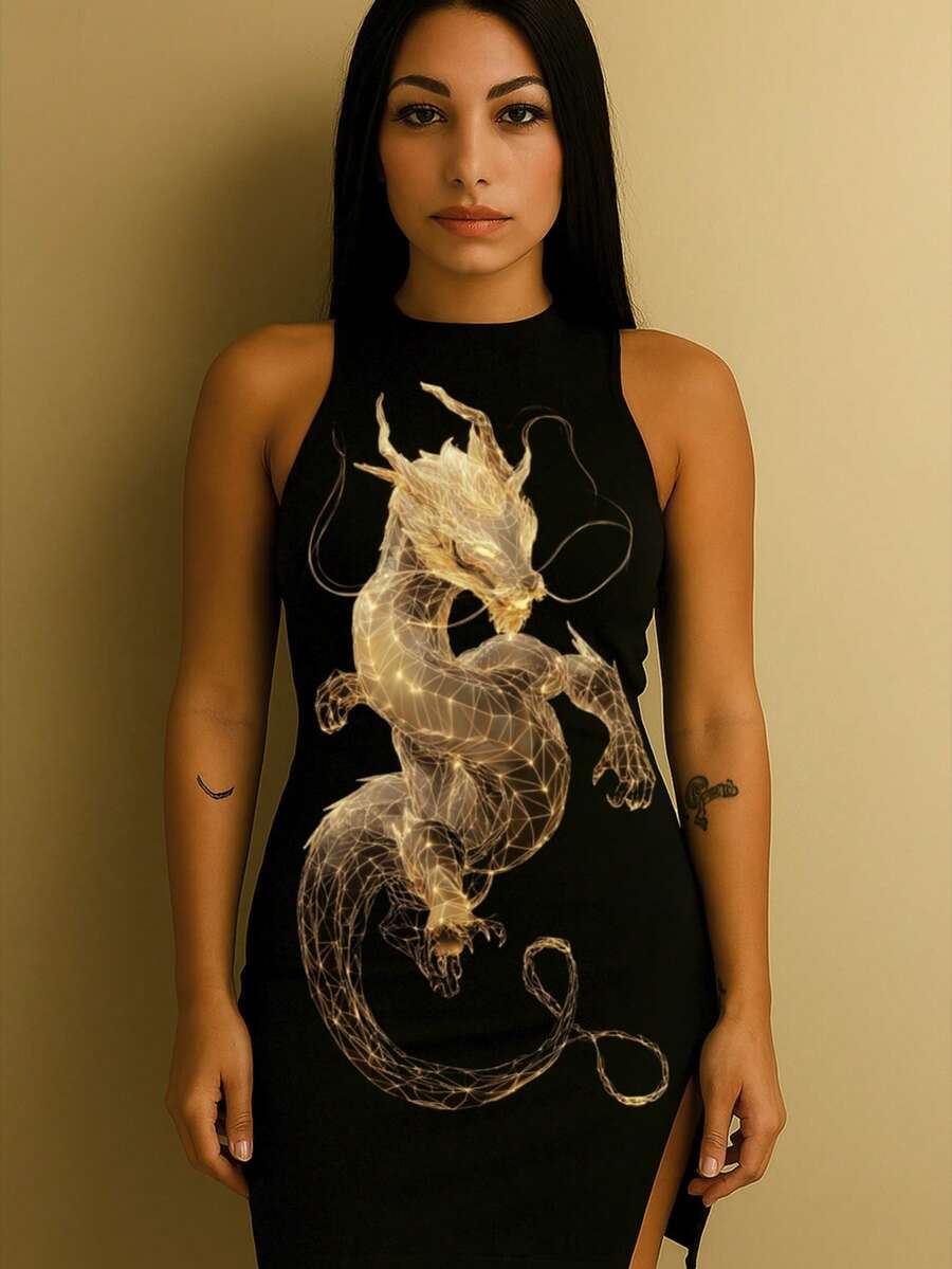 Vestido Feminino Básico e Leve Estampado Dragão Brilhante Perfeito Canelado Do Tamanho 36 Ao 44 - Preto - Visão 1