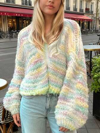 秋季女装 女式秋季彩虹钩针开衫 - V 领、长袖、宽松版型、优雅街头服饰 校服 返校节可爱上衣 女式 Y2k 服装 街头时尚 复古风 女士教师装