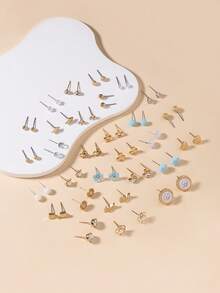30 Pairs/Set Minimalist Fashion Women Stud Earrings Set, Cute Flower, Heart, Rhinestone, Faux Pearl, Square, Geometric Designs, Suitable For Daily And Holiday Wear, Gift - Multicolor - View 2