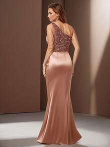 HOMEYEE 秋冬时尚性感不对称肩部镂空亮片拼接弹力缎面优雅奢华正式晚礼服、鸡尾酒会礼服、女士婚礼宾客礼服 - 玫瑰金 - 查看 2