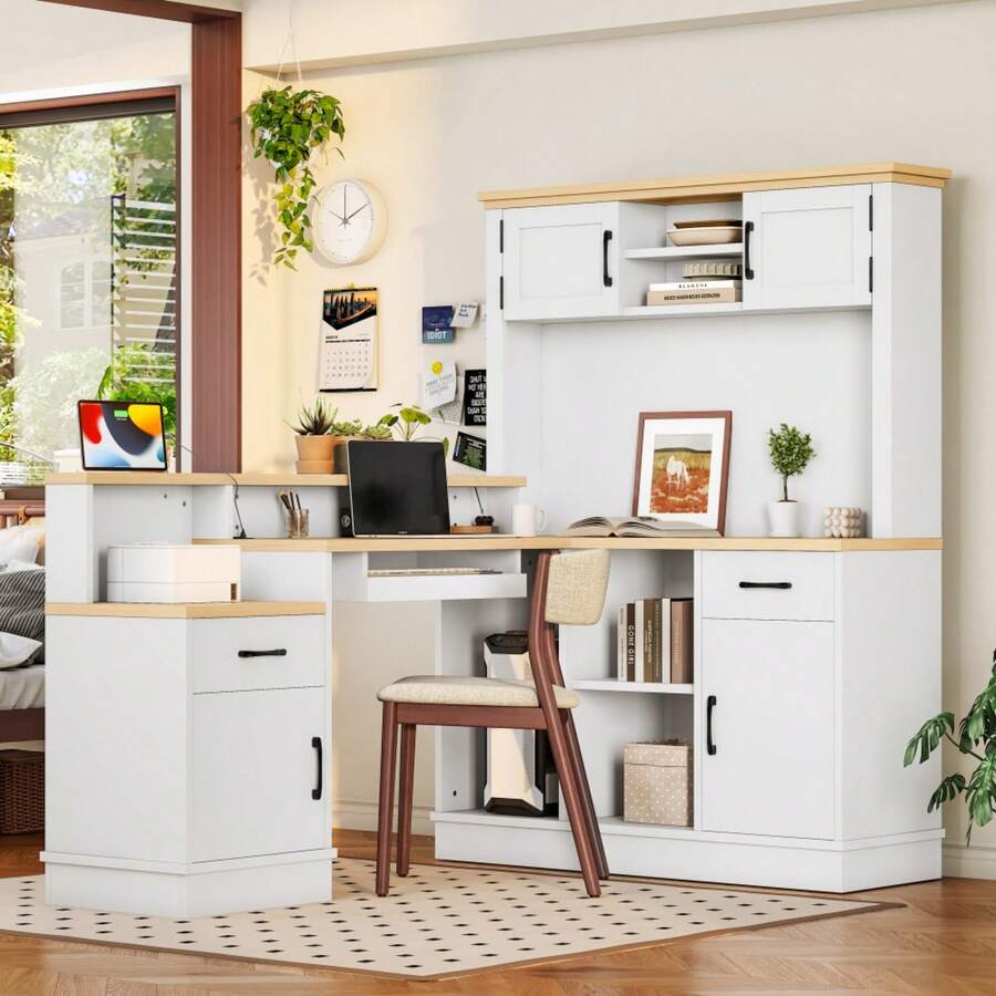 Velacasa L-Shaped Computer Desk With Outlet, Drawers, Bookshelf, Modern Corner Desk, L-Shaped Study Table Writing Desk,Corner Gaming Computer Desk With Storage,Blue - Trắng + Ván dăm + MDF + 76,7"45,2"54" - Xem 1
