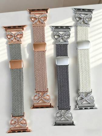 Bowknot Slim Braided Watch Band Compatible With Apple Watch Dial 40mm 38mm 41mm 42mm 44mm 45mm 46mm 49mm,Magnetic Soft Nylon Stretchy Strap With Designer Bling Bowknot Compatible With IWatch Series 10/9/8/7/6/5/4/3/2/SE/Ultra