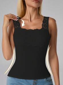 2pcs Women Solid Color Lace Trim Decor Square Neck Sleeveless Camisole Patchwork Tank Top - Multicolor - View 3