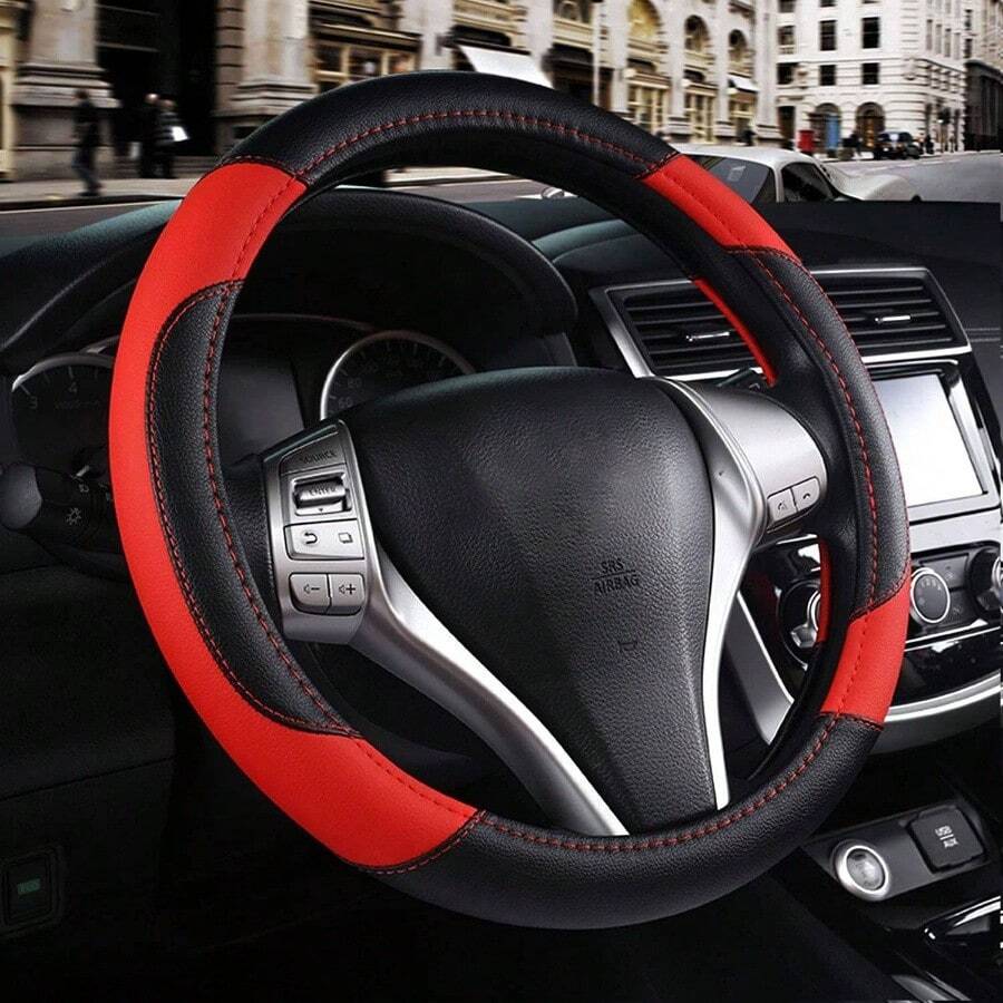 Leather Car Steering Wheel Cover, Non - Slip Car Wheel Cover Protector Breathable Microfiber Leather Universal Fit Most Beige - Black & Red - View 1