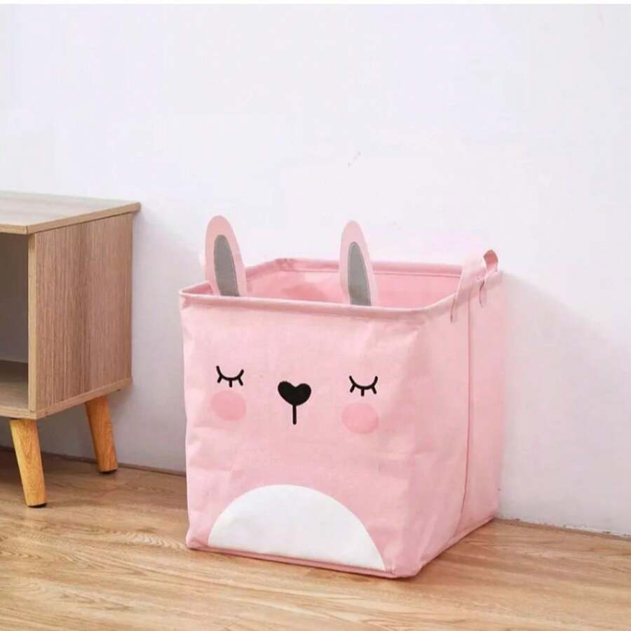 Cesta de Armazenamento Dobrável Quadrada Multifuncional – Estampa Animal Adorável e Punhos Práticos para Casa - coelho rosa(33x33cm) - Visão 1