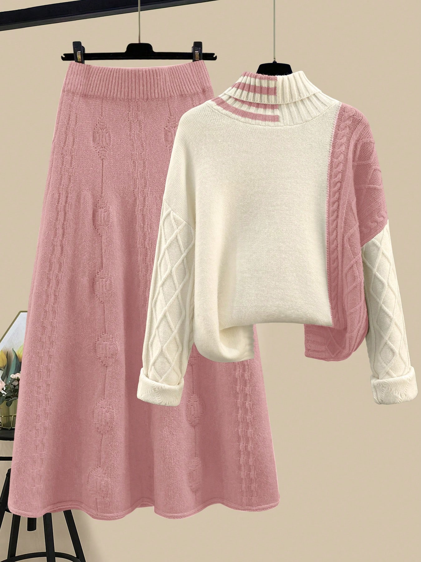 طقم بلوزة وتنورة نسائي فضفاض عصري بياقة عالية، أكم...