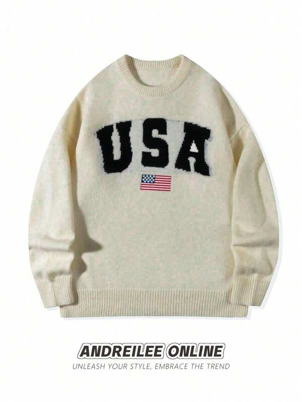 Winter Men's Unisex Versatile Casual Crew Neck Long Sleeve USA Letter American Flag Knit Pullover Sweater