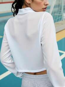 Loose Fit Long Sleeve Sunscreen Shirt, Sexy & Lively Cropped Midriff-Revealing Top, Women Casual Outdoor Sports Collared Shirt, Can Be Paired With Sports Pants, Jeans, And Tennis Skirts - White - View 5