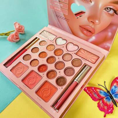 22色珠光、哑光和高光腮红眼影盘 + 2色唇膏彩妆套装
