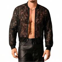- Chaquetas bombarderos de encaje floral transparente para hombre, manga larga, abrigos transparentes con cierre - M + negro (malla negra) - Ver 1