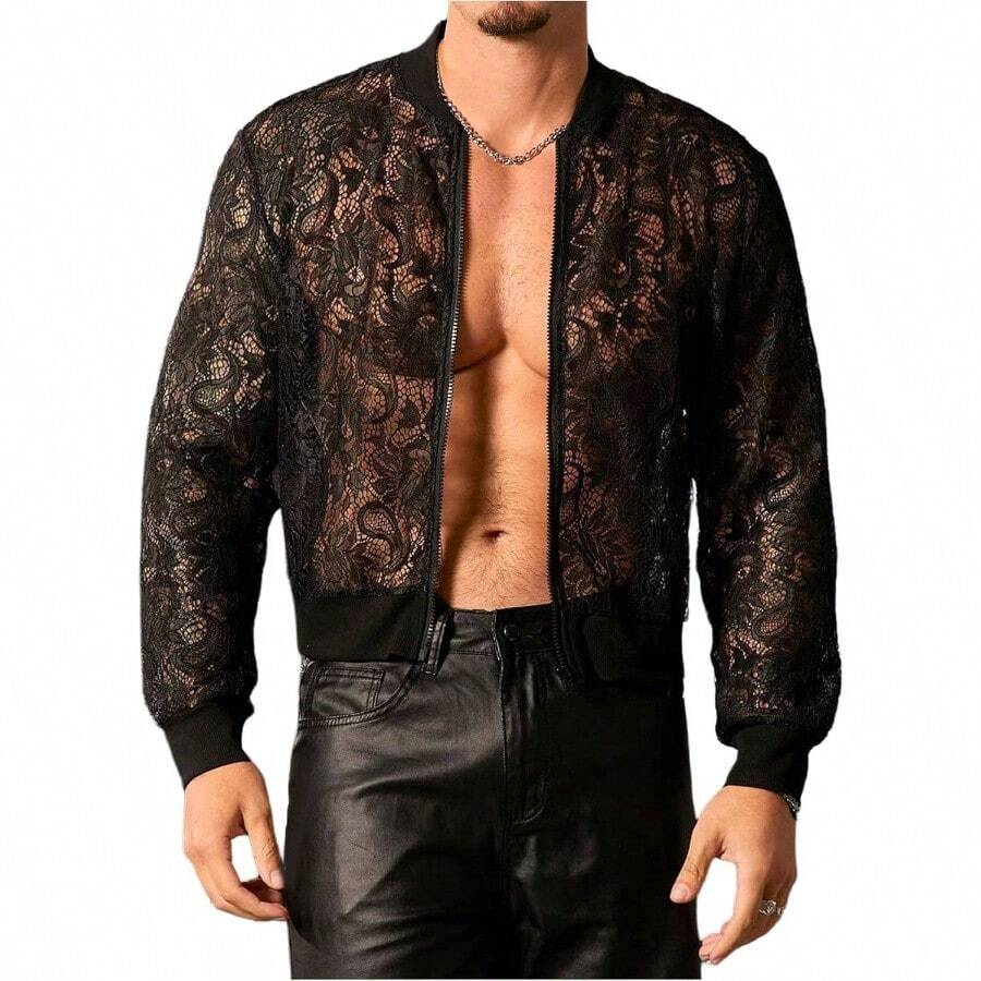 - Chaquetas bombarderos de encaje floral transparente para hombre, manga larga, abrigos transparentes con cierre - M + negro (malla negra) - Ver 1