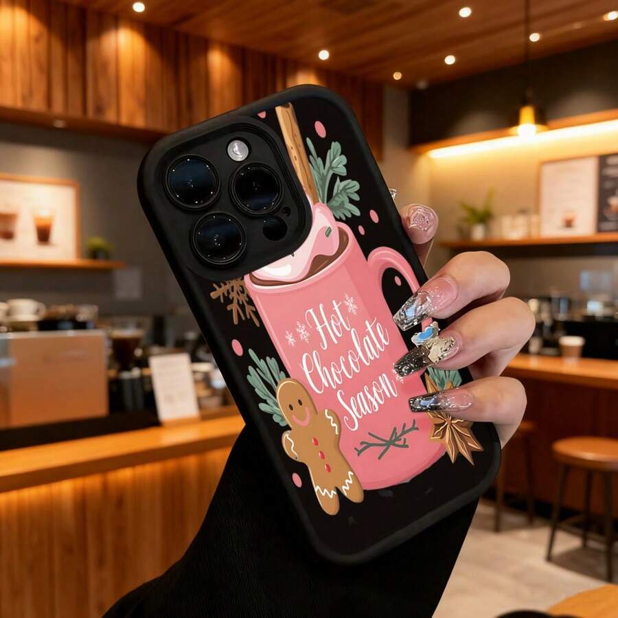 Cubierta de teléfono con diseño de taza de chocolate caliente color rosa con galleta de jengibre y texto Hot Chocolate Season para uso en cafeterías y temporada invernalCompatible with 16 Pro Max/16 Plus/16 Pro/16/15 Pro Max/15 Plus/15 Pro/15/14 Pro Max/14 Plus/14 Pro/14/13 Pro Max/13 Pro/13/12 Pro Max/12 Pro/12/11 Pro Max/11 Pro/11/XS Max/XR/X/7 Plus/7 TPU Drop-Proof and Stain-Resistant Protective Soft Case - Negro - Ver 1