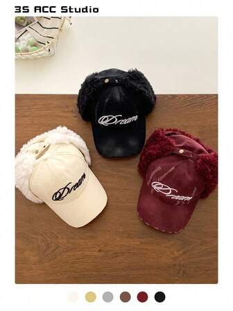 Basebollkeps med sliten ombre-motiv och broderade bokstäver, varm unisex-hatt med öronlappar och sliten design, lämplig för höst/vinter