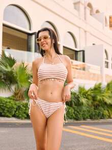 Conjunto de bikini con espalda anudada y sin espalda con rayas para vacaciones en la playa - Blanco - Ver 1