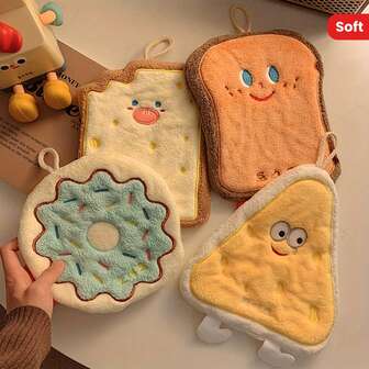 4条加厚珊瑚绒手巾 - 超强吸水速干，适用于浴室和厨房，印有可爱卡通图案（面包片、甜甜圈、披萨、馅饼），带挂环设计，现代家居必备，质地柔软，图案趣味十足