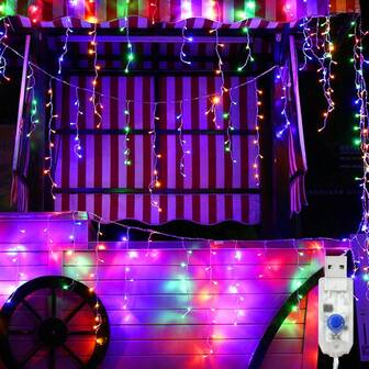 1个USB裸灯窗帘灯，冰柱灯，三种照明模式：暖光、白光和彩色光：LED灯，卧室新款仙女窗帘灯，96颗LED灯珠，8种模式，卧室LED灯和装饰，户外冰柱灯，节日装饰，婚礼装饰，婚礼用品，户外屋檐和栏杆装饰