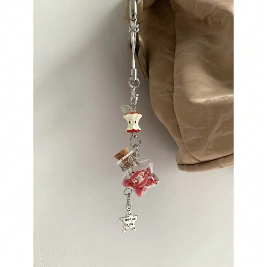 Dije de teléfono con botella de deseos de manzana roja, llavero de fruta verde, portador de tarjetas, cadena con broche, cuerda colgante - Botella de los deseos de manzana roja - Ver 1