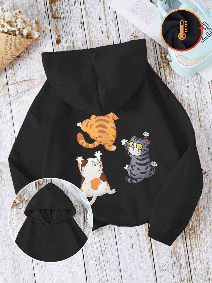 Nowość na jesień/zimę: Urocza dziecięca bluza z kapturem i nadrukiem kota, niezbędny w codziennym stylu, gruba bluza z długim rękawem i nadrukiem na plecach, idealna do uprawiania sportów na świeżym powietrzu i do noszenia na co dzień, miękka tkanina zapewniająca komfort zimą, odpowiednia zarówno dla chłopców, jak i dziewcząt - czarny - Zobacz 1