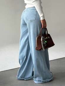 Women's Casual Water-Washed Wide Leg Jeans, Button Detail, Long Stretch Fabric, Elegant Casual Versatile Party Style