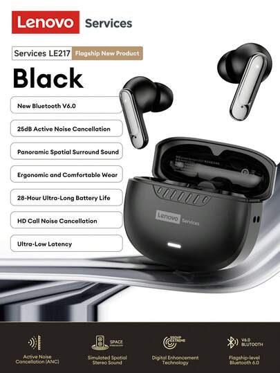 Lenovo 联想 LE217 简约优雅蓝牙耳机，半入耳式蓝牙 6.0 环绕立体声，低延迟音乐和游戏体验，高清通话，降噪功能，超长续航，佩戴舒适，适用于智能手机、电脑，礼品之选