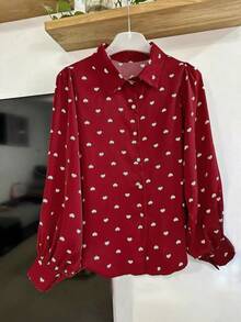 女士红色爱心图案领长袖珍珠装饰纽扣衬衫，适合日常穿着，春夏款 - 紅色 - 查看 3