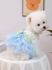 1pc Pet Clothes, Dog/Cat Apparel, Small Dog/Puppy Poodle Teddy Casual Fashion Cute Romantic Dress Series - Blue Fairy Tulle Dress - Multicolor - View 2