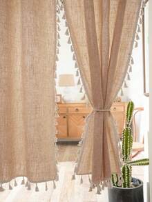 2pcs Linen Tassel Solid Color Retro Curtain, Rod Pocket Design, Suitable For Living Room And Bedroom - Sheer And Filtering Curtain (Tie Backs Not Included) - Multicolor - View 2
