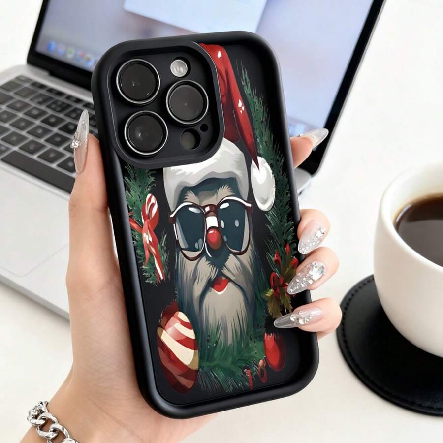 Cubierta de teléfono con diseño de Papá Noel divertido en color negro con estampado navideño y gafas de sol para uso diario y festivoCompatible with 16 Pro Max/16 Plus/16 Pro/16/15 Pro Max/15 Plus/15 Pro/15/14 Pro Max/14 Plus/14 Pro/14/13 Pro Max/13 Pro/13/12 Pro Max/12 Pro/12/11 Pro Max/11 Pro/11/XS Max/XR/X/7 Plus/7 TPU Drop-Proof and Stain-Resistant Protective Soft Case - Negro - Ver 1