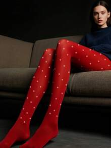 1 Quần tất dệt kim co giãn họa tiết chấm bi thanh lịch dành cho nữ, mặc thường ngày - Đỏ - Xem 3