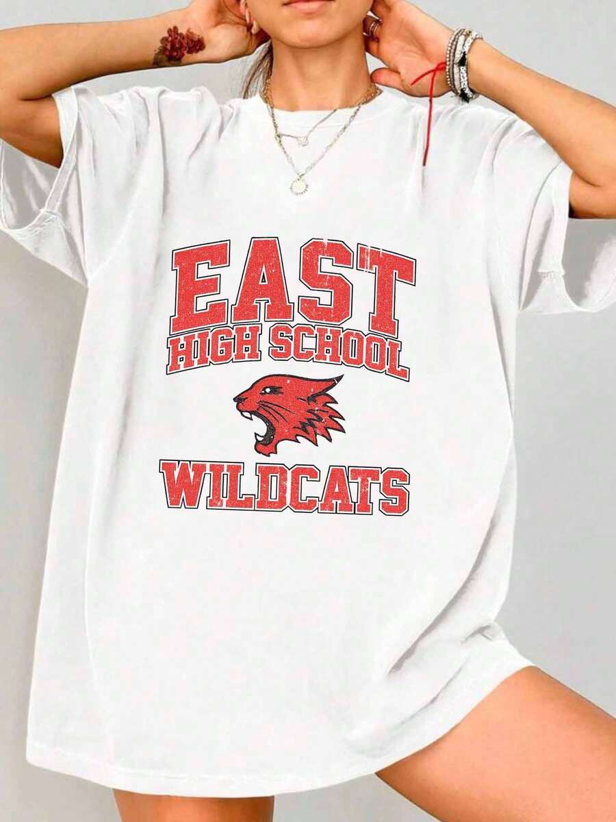 Talla Grande - ??25 0808 Camiseta??Wildcats East High Cuello Redondo Mujer Talla Grande Camiseta Manga Corta Estampado de Moda Media Manga Top Elástico Talla Grande - Blanco - Ver 1