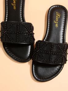 2025 New Arrival Women's Slippers, Square Heel Flat Round Toe Rhinestone Pearl Mules, Plus Size Luxury Casual Slip-On Sandals, Versatile & Anti-Slip,Spring Summer Outfits - Black - View 8