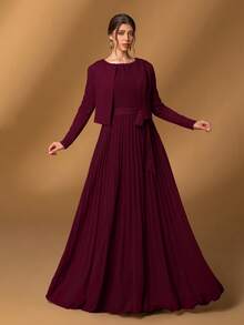 Faeriesty Mosy 优雅两件套新娘母亲礼服套装：圆领无袖A字腰带连衣裙搭配开襟长袖外套 - 完美适用于婚礼、晚宴、教堂仪式、家庭聚会及其他正式场合 春季 - 酒紅色 - 查看 7