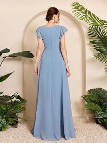 Mgiacy-Pop,New Arrival,V Neck,Elegant,Bridesmaid Dress,Ruffle,Flounce,Kink,Chiffon,Long Dress,FOR,Wedding Guest - Blue - View 2
