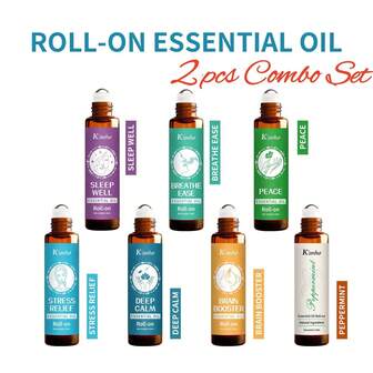  2支10毫升/0.33液盎司舒缓大脑薄荷香氛滚珠精油，迷人香气，适用于肌肤、身体、面部、手部、足部、颈部、胸部，添加茉莉、松树、荷荷巴油和橄榄油，小巧便携，适合旅行携带，男女皆宜，是馈赠佳品。