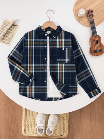 Young Boy Classic Street Casual Green Plaid Long Sleeve Shacket