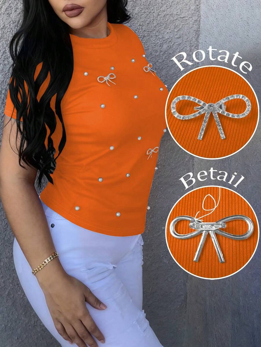 Tricou damă cu guler rotund, drăguț și tineresc, cu fundă și perle, casual, elegant, versatil, slim fit, cu mânecă scurtă, potrivit pentru vacanță, întâlniri, naveta, cumpărături, purtare zilnică (fundă detașabilă), primăvară/vară - Portocale - Vizualizare 1