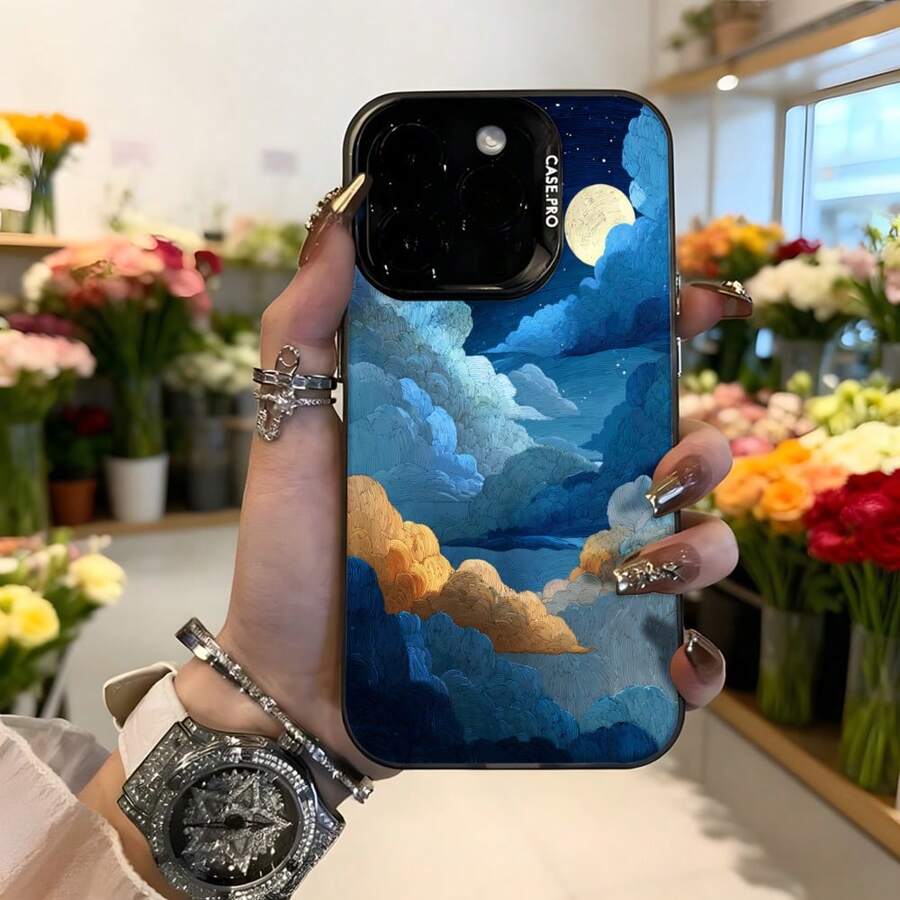 Cubierta de teléfono con diseño de cielo nocturno azul con nubes y luna para iPhone 14 Pro Max estilo artístico elegante para mujeres amantes de la moda y la naturaleza Aplicable a los teléfonos de la serie Apple y Galaxy - Blanco - Ver 1