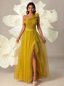 VIPGIRL优雅不对称肩部网纱晚礼服 - 黃色 - 查看 3