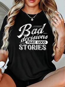 Women's Crew Neck T-Shirt With "Bad Decisions Make Good Stories" White Print - Soft Casual Short Sleeve Summer Top, White Text On Black Tee Daily Wear, Parties & Relaxed Outfits (Machine Washable),220g High-Quality Pure Cotton T-Shirt With Minimalist Printing, Soft And Breathable Fabric, Comfortable And Loose, Suitable For All Day Wear, Suitable For Office Casual Wear, Spring And Summer Daily Appearance, Elegant And Youthful Design Ropa De HombreWomen's Solid-Colored Boat Collar Short-Sleeve One-Piece Shirt, Suitable For Summer Wear With Printed Shirts, Ladies' Tops, And Printed Short Sleeves - 黑色 - 查看 1