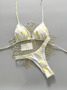 Bộ bikini buộc dây họa tiết hoa phong cách Bohemian (2 mảnh), kiểu dáng giản dị, dễ thương, thanh lịch, gợi cảm, thích hợp cho kỳ nghỉ biển, mùa xuân/hè. - Màu vàng - Xem 3
