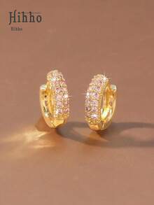 Hihho 1 Pair Classic Retro Minimalist Double Row Colorful Cubic Zirconia Micro-Inlaid Round Hoop Earrings For Women, Delicate & Fashionable, Versatile For Daily Wear - Yellow Gold - View 8