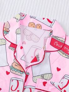 2-Piece Set - Women's Pink Burger, Cheese, And French Fry Printed Short Sleeved Shorts And Pajamas Set, With Pocket Button Design On The Top, Comfortable And Soft Skin Friendly Knitted Fabric Casual Wear, Suitable For Daily Home, Sleepwear Parties, Family, All Seasons - 粉色 - 查看 4