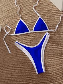 PEPPERMOLLY 全新纯色吊带性感比基尼，女士夏季沙滩时尚泳装套装 - 藍色 - 查看 4