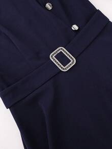Plus Size Women's Navy A-Line Dress Round Neck Long Sleeve With Gold Button Work Business - 藏蓝色 - 查看 11